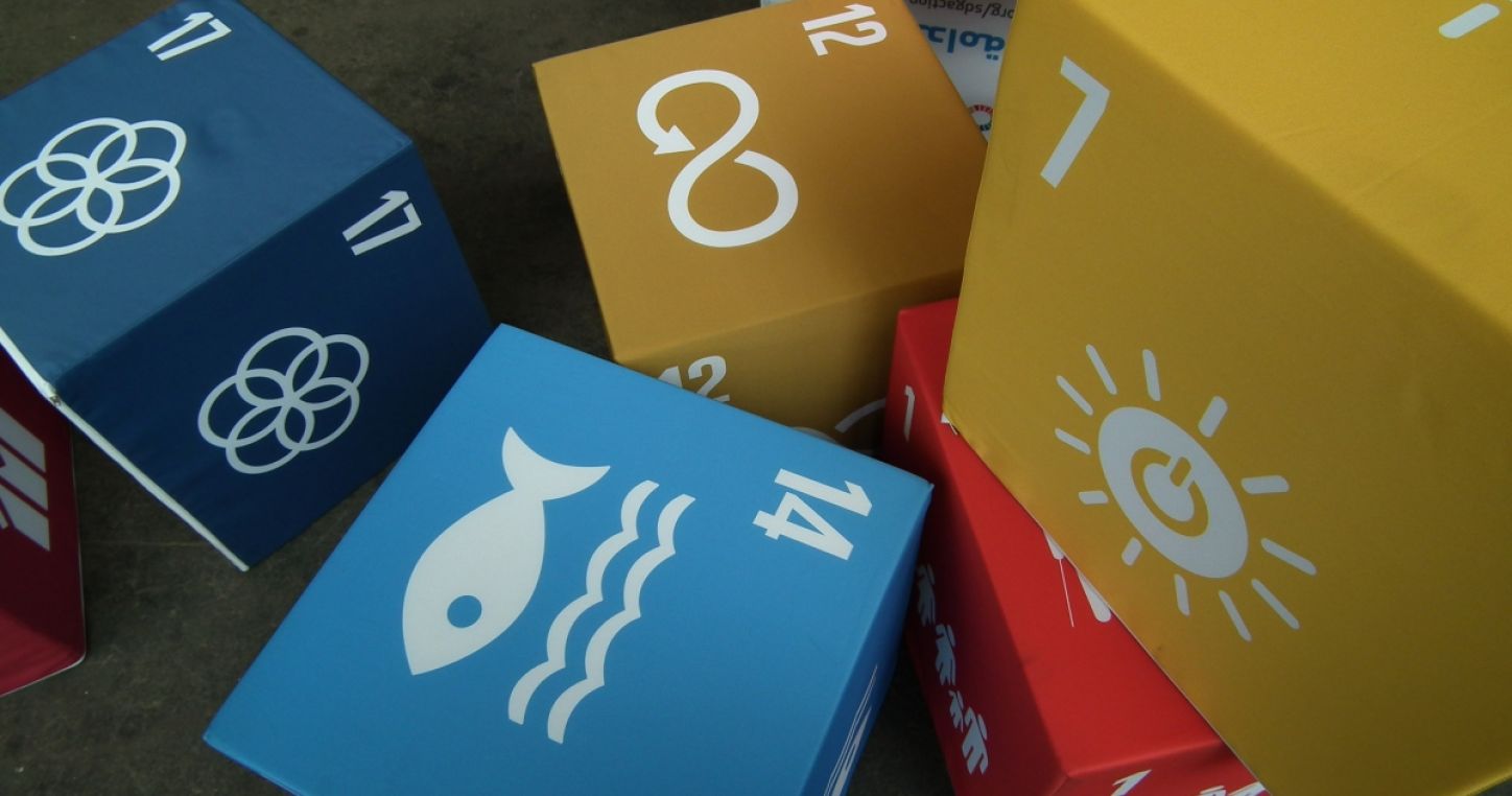 Gift boxes wrapped with Sustainable Development Goals designs